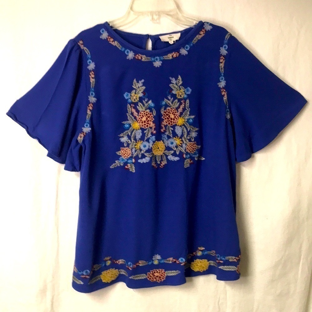 Entro Women’s Embroidered Tunic Blue size L Short Bell Sleeves